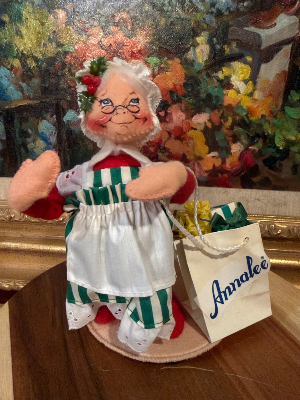 Annalee Mrs. Claus Doll in Green and White Striped Outfit with Red Accents